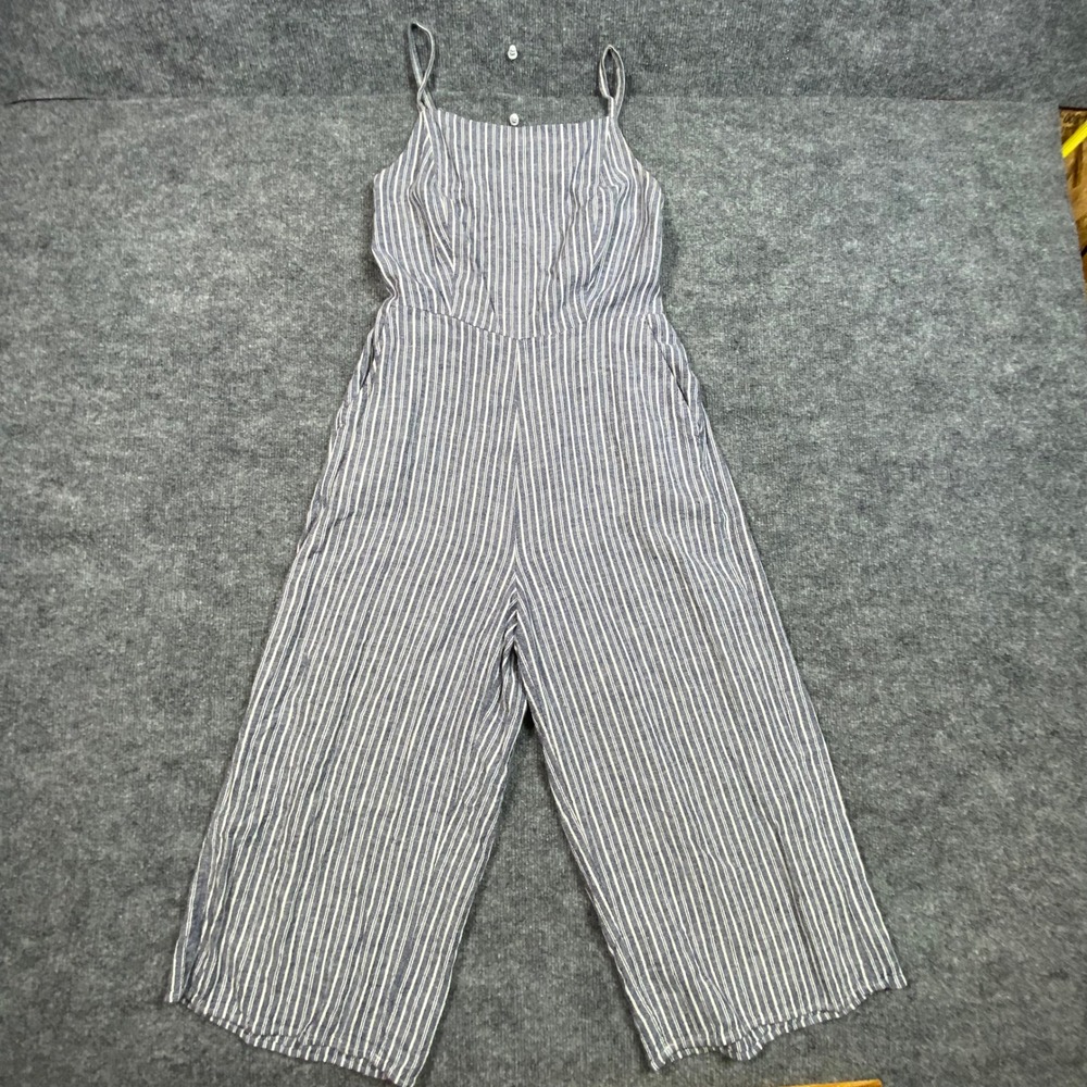 Old Navy Blue White Striped Linen Blend Wide Leg Jumpsuit Womens Medium Smocked